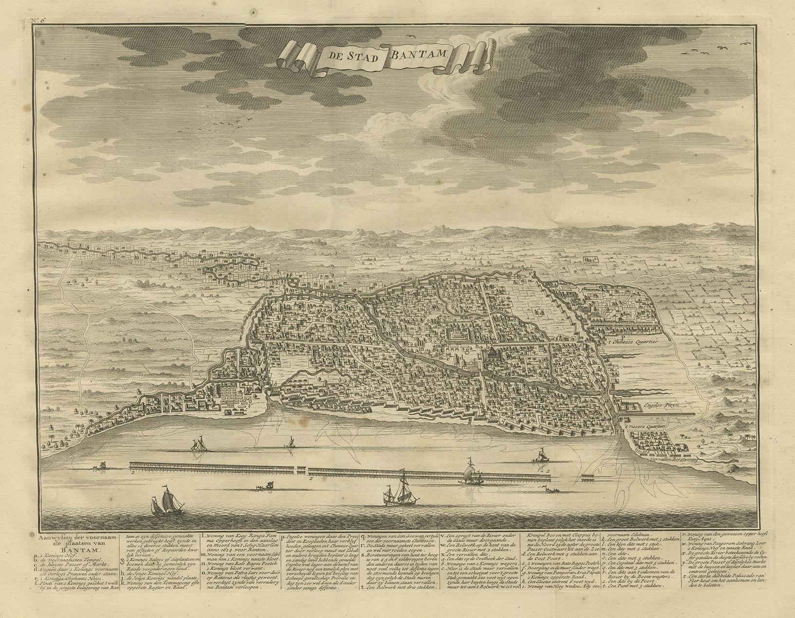 Antique print titled 'De Stad Bantam'. Decorative town-view of the town of Bantam (Banten). In lower margin key a-z to the principal places in town. The Banten Sultanate was founded in the 16th century and centered in Banten, a port city on the