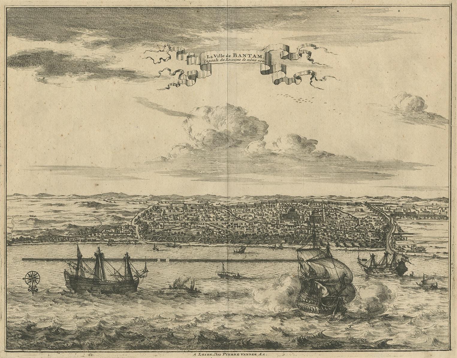 Antique print titled 'La Ville de Bantam capitale du Roiaume de meme nom'. A bird's eye view of the city Banten or Bantam near the western end of Java in Indonesia. Several tall ships and smaller nautical vessels in the harbour. This print