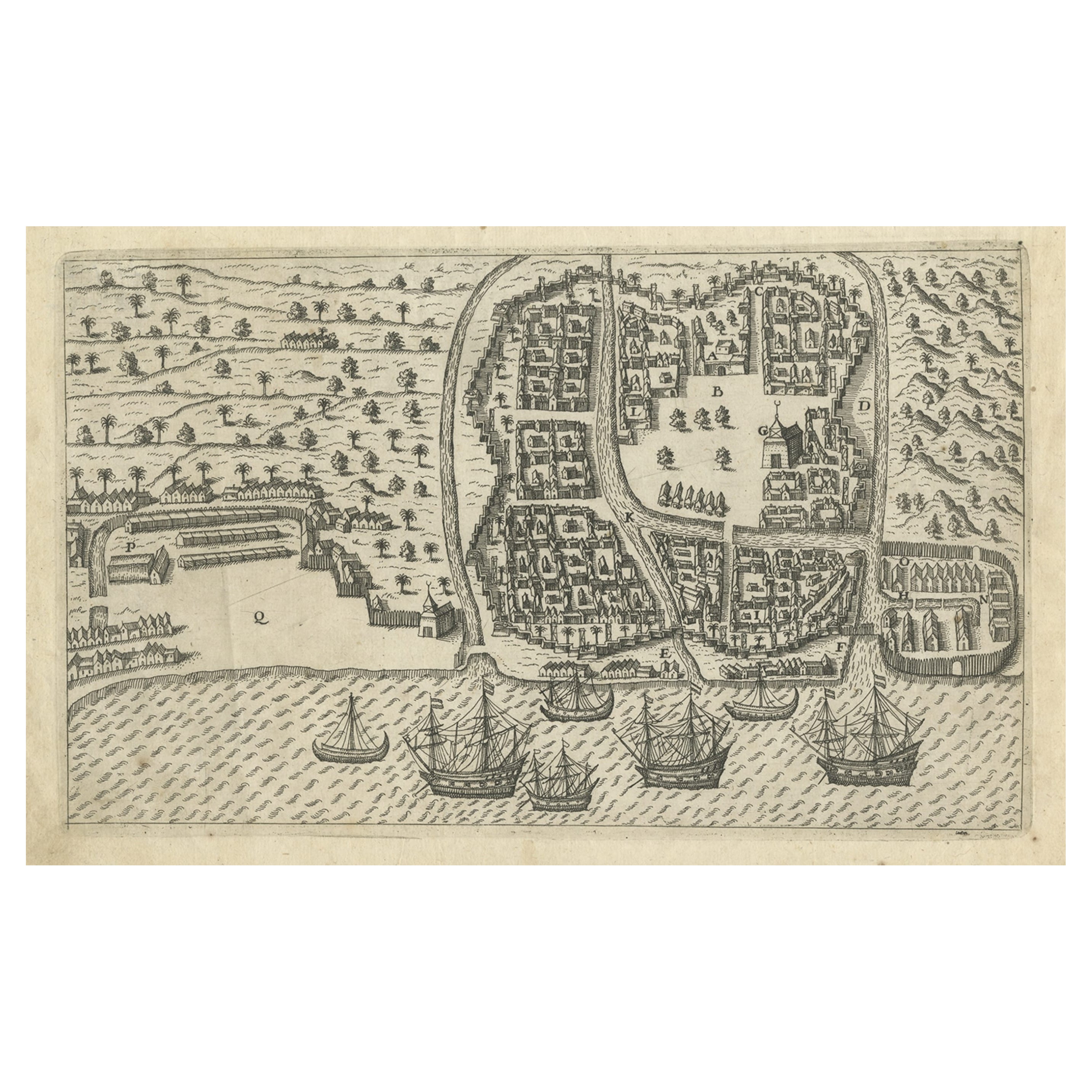 Antiker Druck von Bantam, Java, Indonesien, von De Bry, um 1610