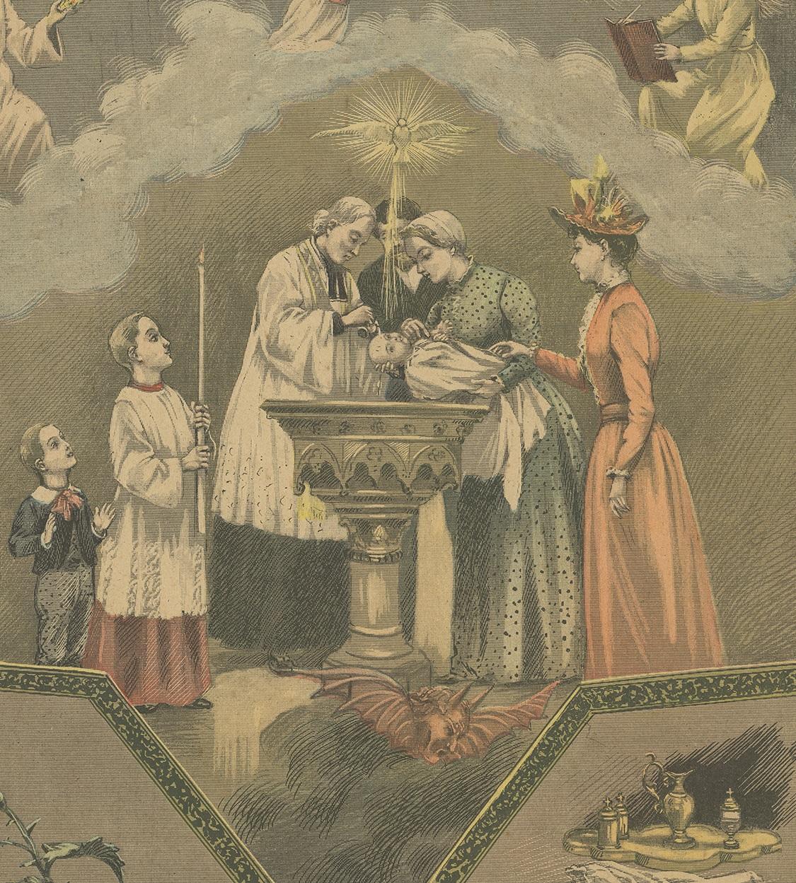 Antique Print of Baptism by Mouterde, circa 1900 In Fair Condition For Sale In Langweer, NL