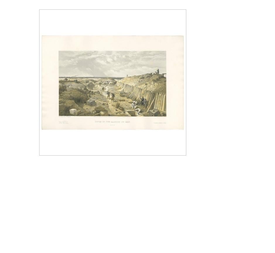 Gravure ancienne intitulée 'Fossé du Bastion du Mât'. Vue des travaux de terrassement montrant les pieux, les gabions et les ouvertures vers les abris souterrains du Bastion du Mât, une redoute française située à l'extrême gauche des lignes