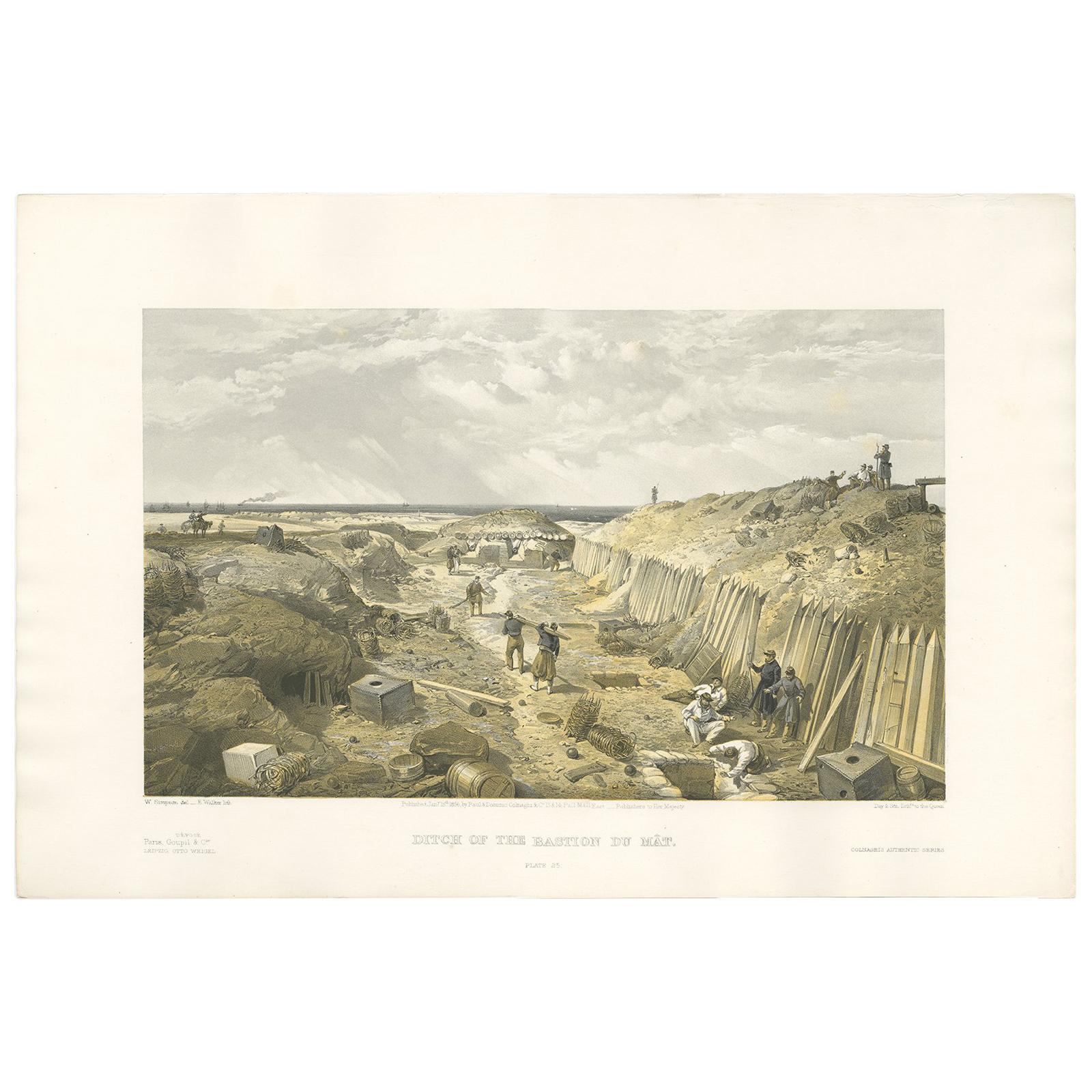 Stampa antica di Bastion du Mât 'Guerra di Crimea' di W. Simpson, 1855