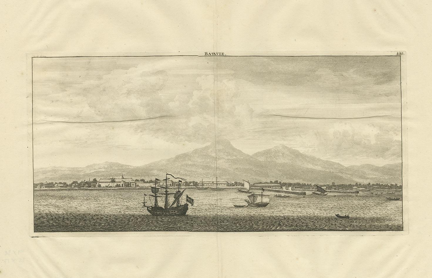 Antique print titled 'Batavie'. Old print with a view of Batavia, Jakarta. This print originates from 'Cornelis de Bruins Reizen over Moskovie, door Persie en Indie (..)'.