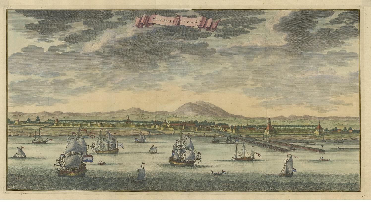 Antique print Indonesia titled 'Batavia in 't Verschiet'. Large panoramic view on Batavia, present day Jakarta, Indonesia. Originates from 'Oud en Nieuw Oost-Indiën (..)' by François Valentyn / Valentijn, published in 1724-1726.