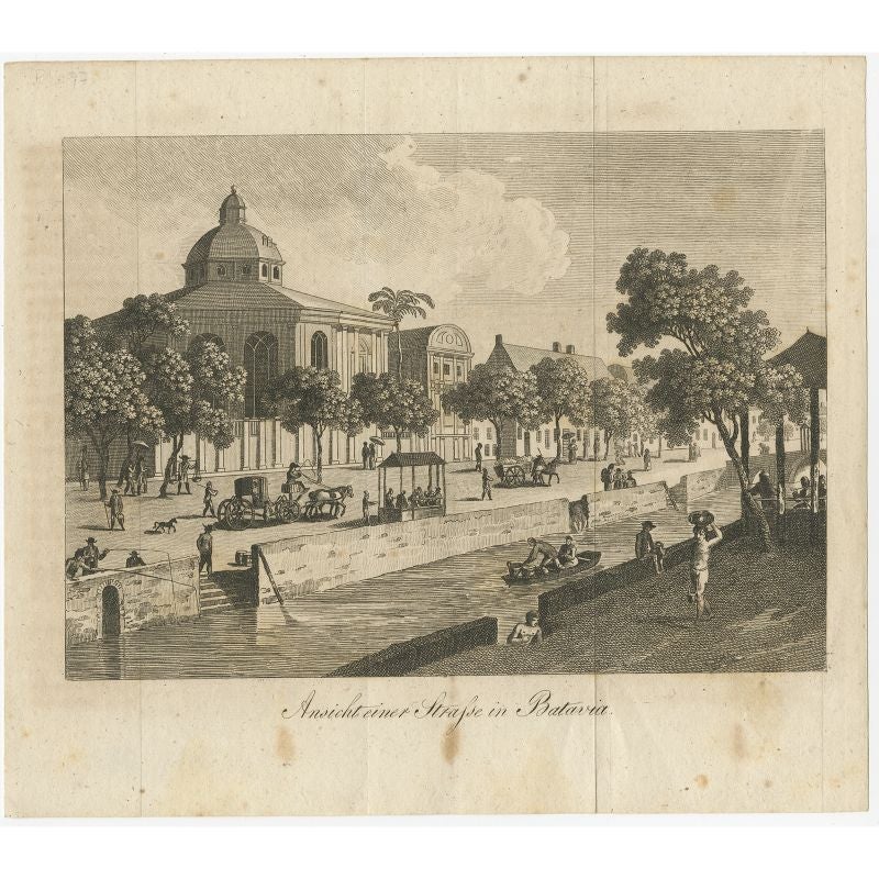 Antique print titled 'Ansicht einer Strasse in Batavia'. Old print with a view on a street in Batavia (Jakarta), Indonesia. Source unknown, to be determined. 

Artists and Engravers: Anonymous.

Condition: Good, general age-related toning. Minor
