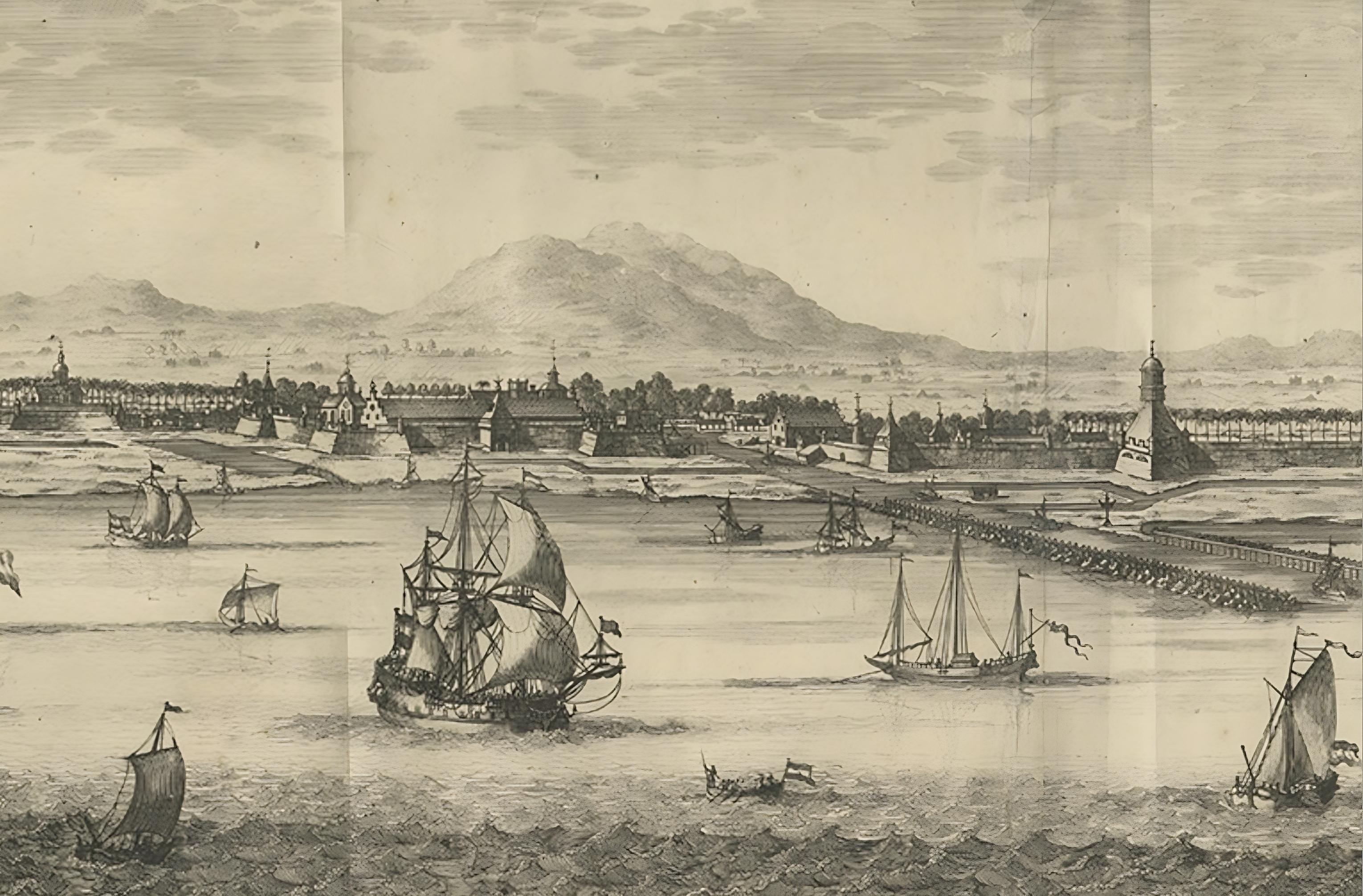 Antique print titled 'Batavia in 't Verschiet'. Attractive panorama view of Batavia, the pearl of the east. The bird eye's view shows the roadstead of the city, filled with VOC East Indiamen and Asian trading ships. The ship's reflections are
