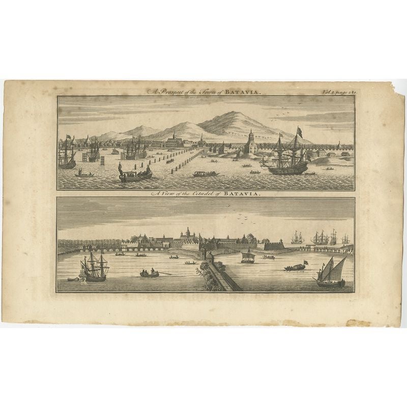 Two views on one plate titled 'A Prospect of The Town of Batavia (and) A View of the Citadel of Batavia'. Beautiful views of Batavia (Jakarta), Indonesia. The upper view shows the city as seen from the water, and the lower, the fortress; both views