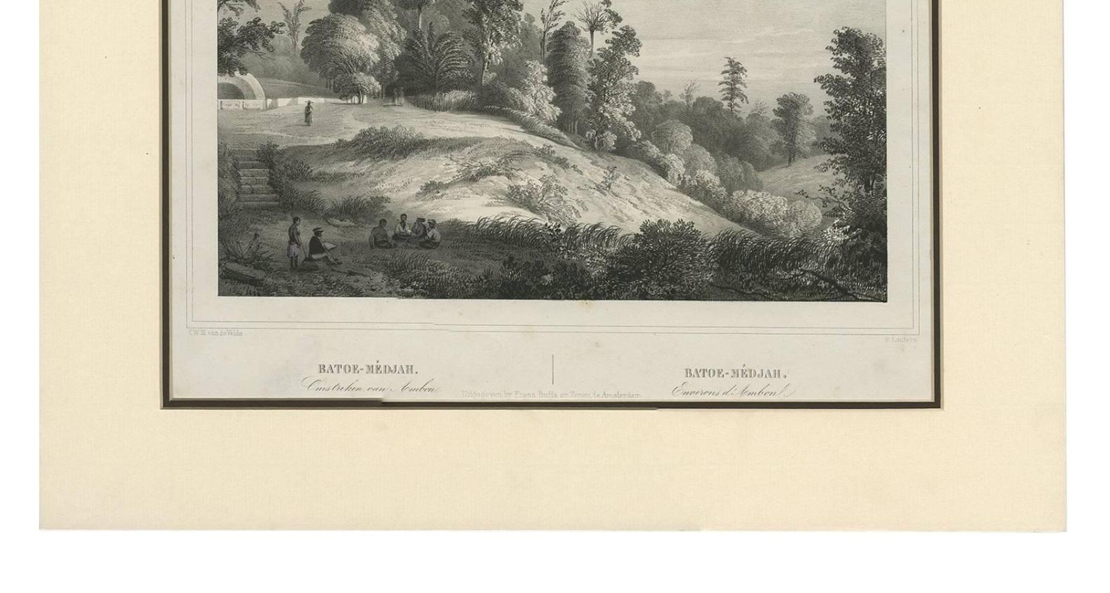 This plate shows a view of Batoe-Medjah / Batu-Meja on the island of Ambon (part of the Maluku Islands, Indonesia) and originates from 'Gezigten uit Neerlands Indie, naar de natuur geteekend en beschreven.', by C.W.M. van de Velde, published in