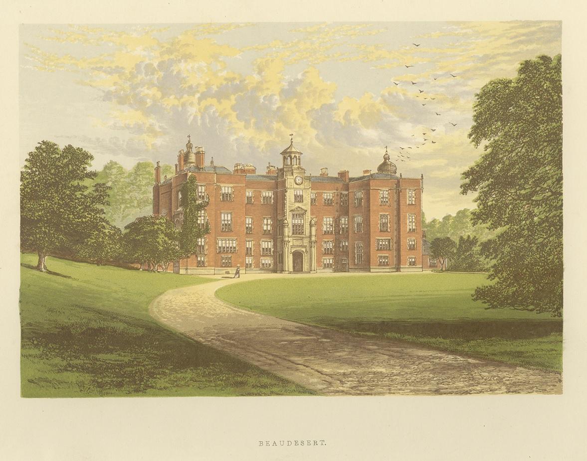 Antique print titled 'Beaudesert'. Color printed woodblock of Beaudesert, which was an estate and stately home on the southern edge of Cannock Chase in Staffordshire. This print originates from 'Picturesque Views of Seats of Noblemen and Gentlemen