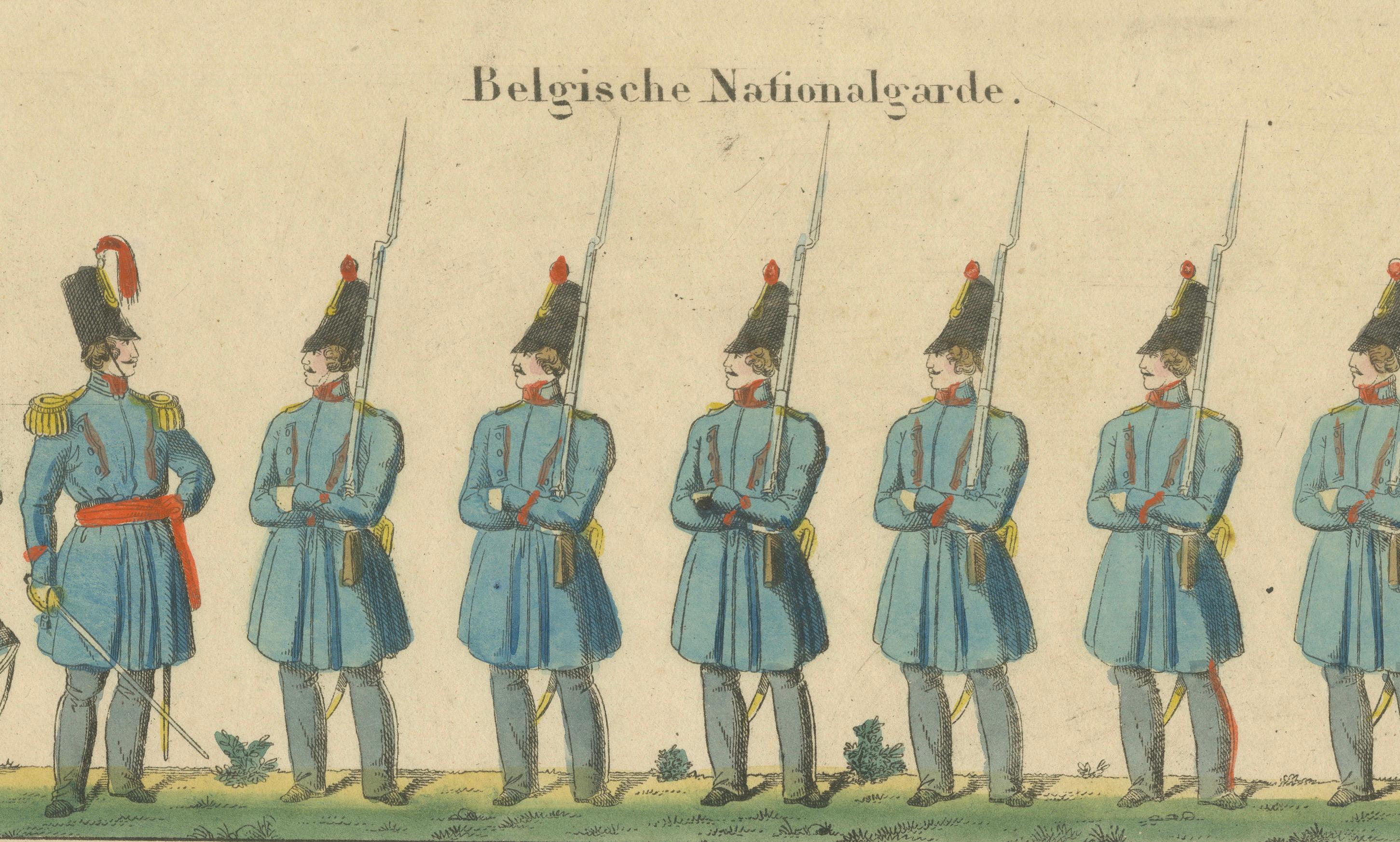 Antique Print of Belgian National Guard – Infantry Drill & Uniforms, c.1830–1840