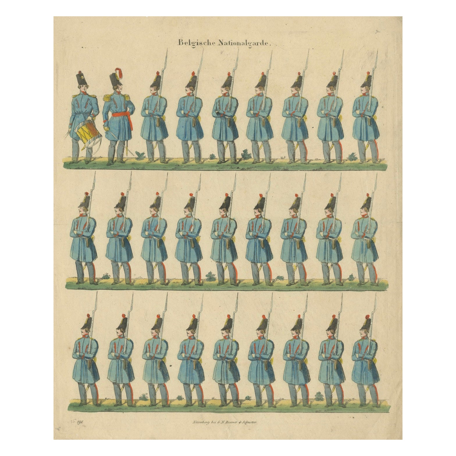 Stampa antica della Guardia Nazionale Belga - Esercitazioni di fanteria e uniformi, 1830-1840 ca.