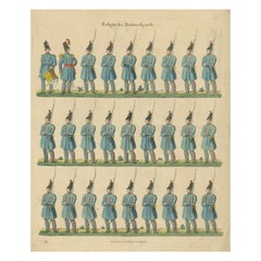 Stampa antica della Guardia Nazionale Belga - Esercitazioni di fanteria e uniformi, 1830-1840 ca.
