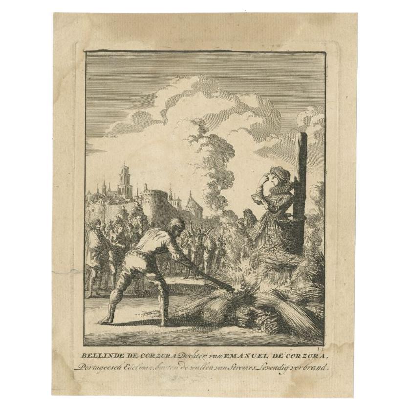 Antique Print of Bellinde De Corzora Burned Alive by Luyken, circa 1698 For Sale