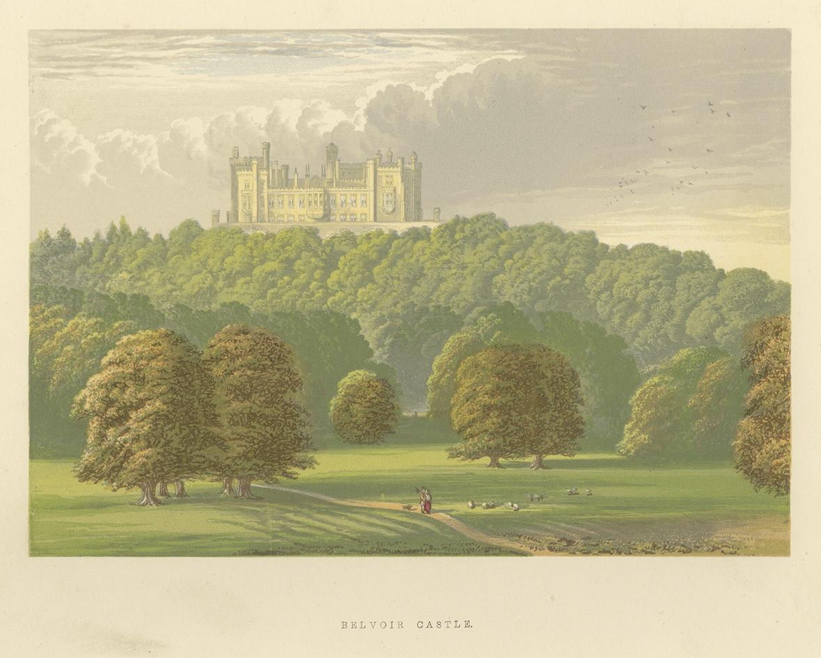 Antique print titled 'Belvoir Castle'. Color printed woodblock of Belvoir Castle, a stately home in the English County of Leicestershire. This print originates from 'Picturesque Views of Seats of Noblemen and Gentlemen of Great Britain and Ireland'