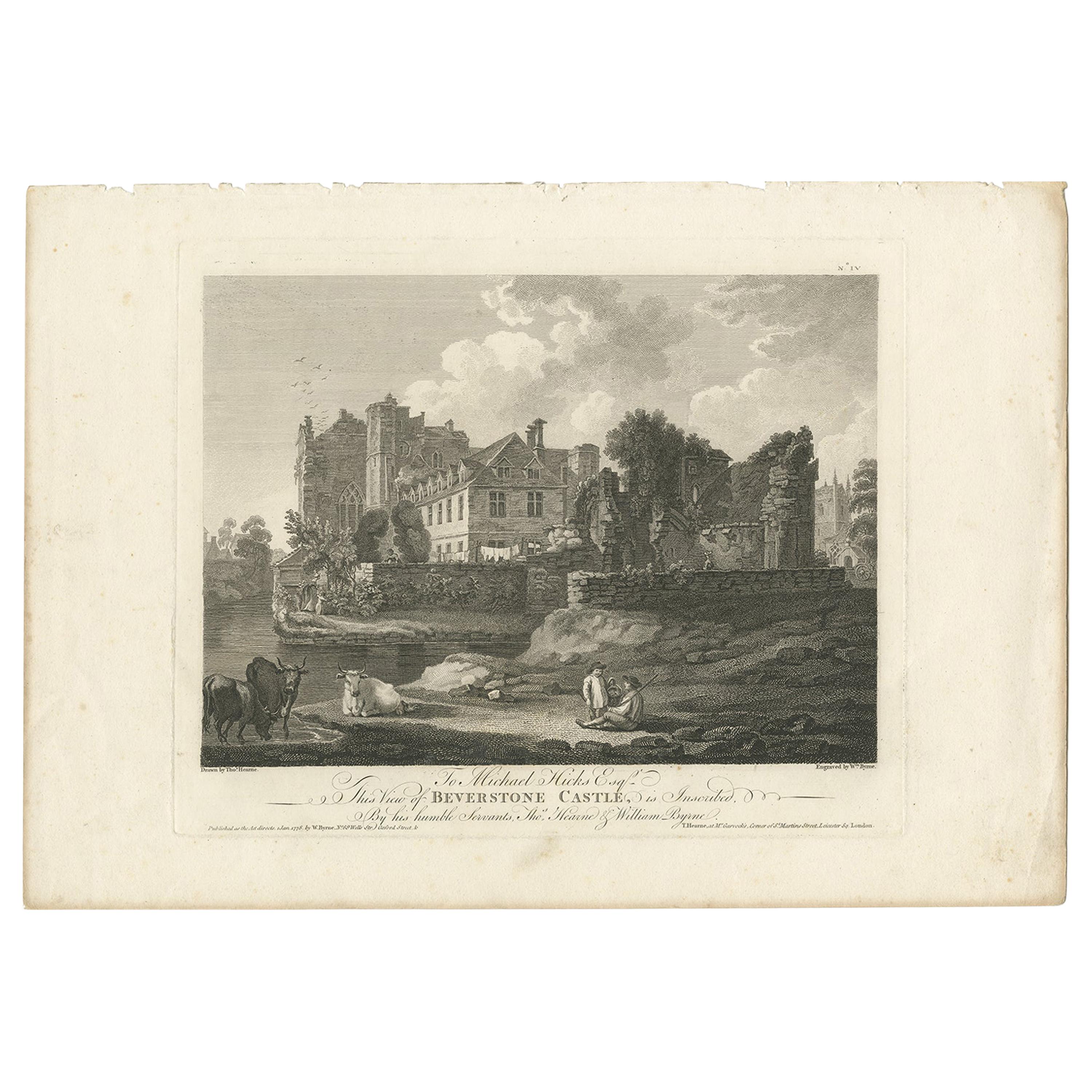 Antiker Druck des Schlosses von Beverston von Byrne, 1778, antik