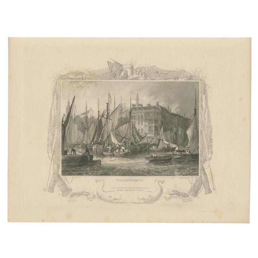 Antique Print of Billingsgate in London, by Tombleson, circa 1834 For Sale