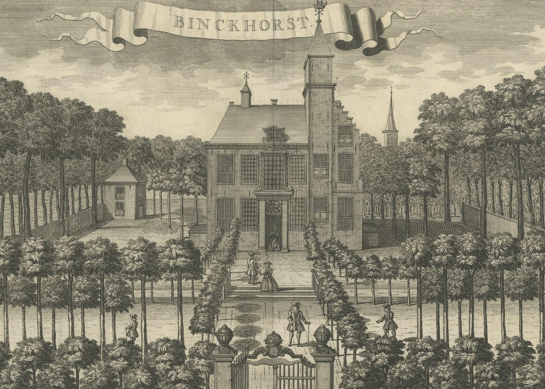 Antique print titled 'Binckhorst'. View on the Binckhorst in The Hague. This print was used in: Jacob de Riemer’s: “Beschryving van ‘s-Graven-Hage…” Delft and Den Haag, 1730-1739. Titled above, on a ribbon: ‘Binckhorst.’ Signed at bottom: ‘G.v.