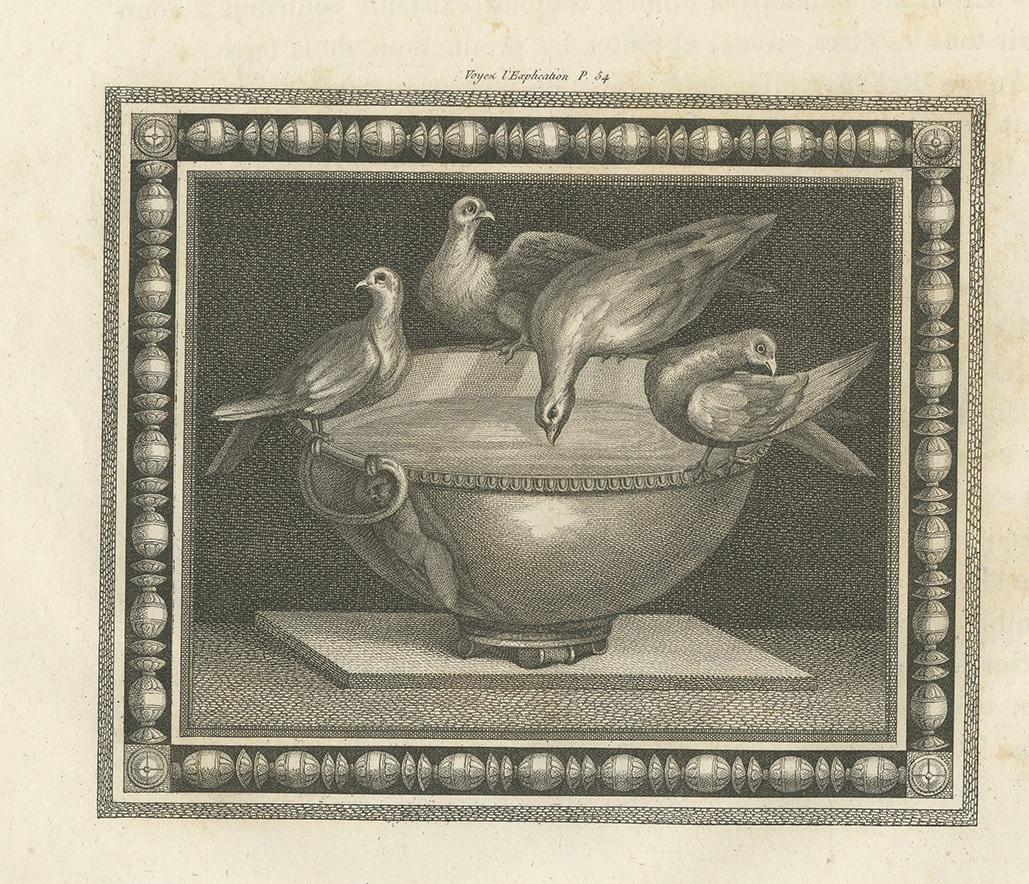 Antique print of birds and a birdbath. Source unknown, to be determined. Published circa 1820.