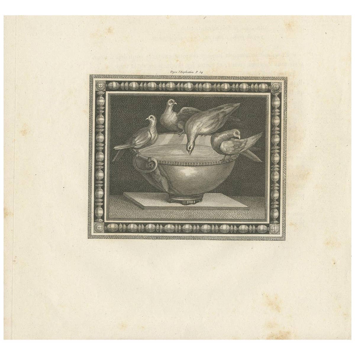 Antique Print of Birds and a Birdbath, circa 1820