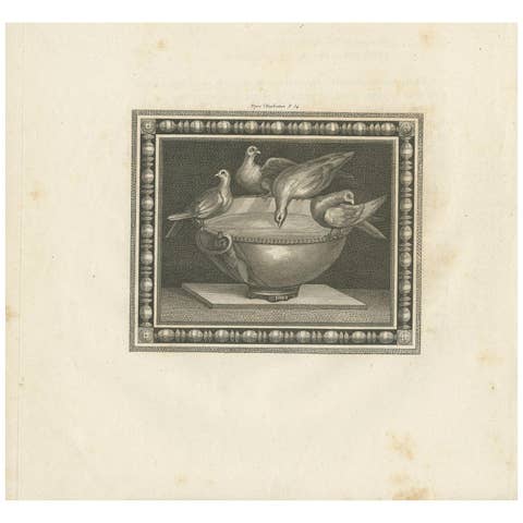 Antique Print of Birds and a Birdbath, circa 1820
