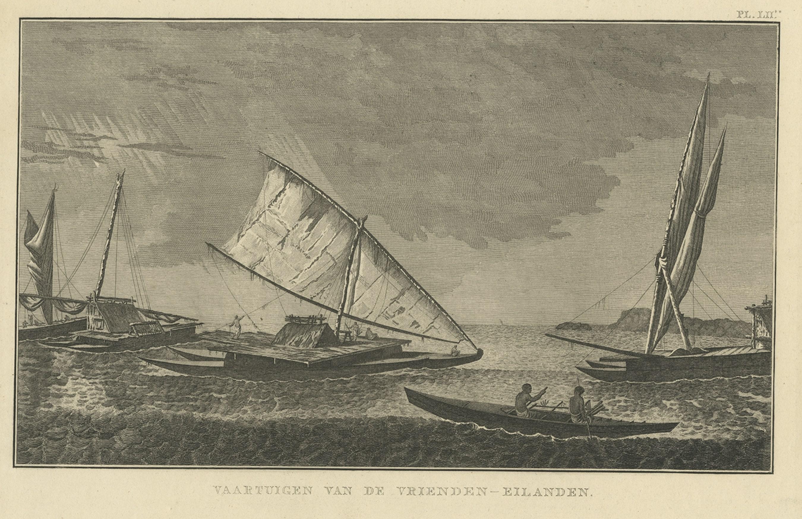 Paper Antique Print of Boats of the Friendly Islands or Tonga, by Cook, c.1801 For Sale
