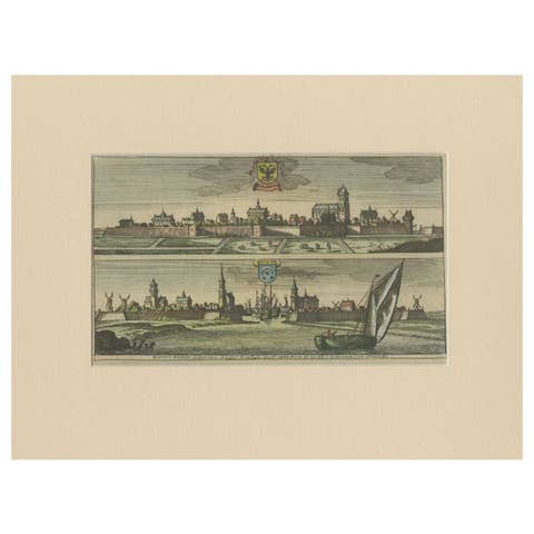 Antique Print of Bolsward and Dokkum, the Netherlands, circa 1680