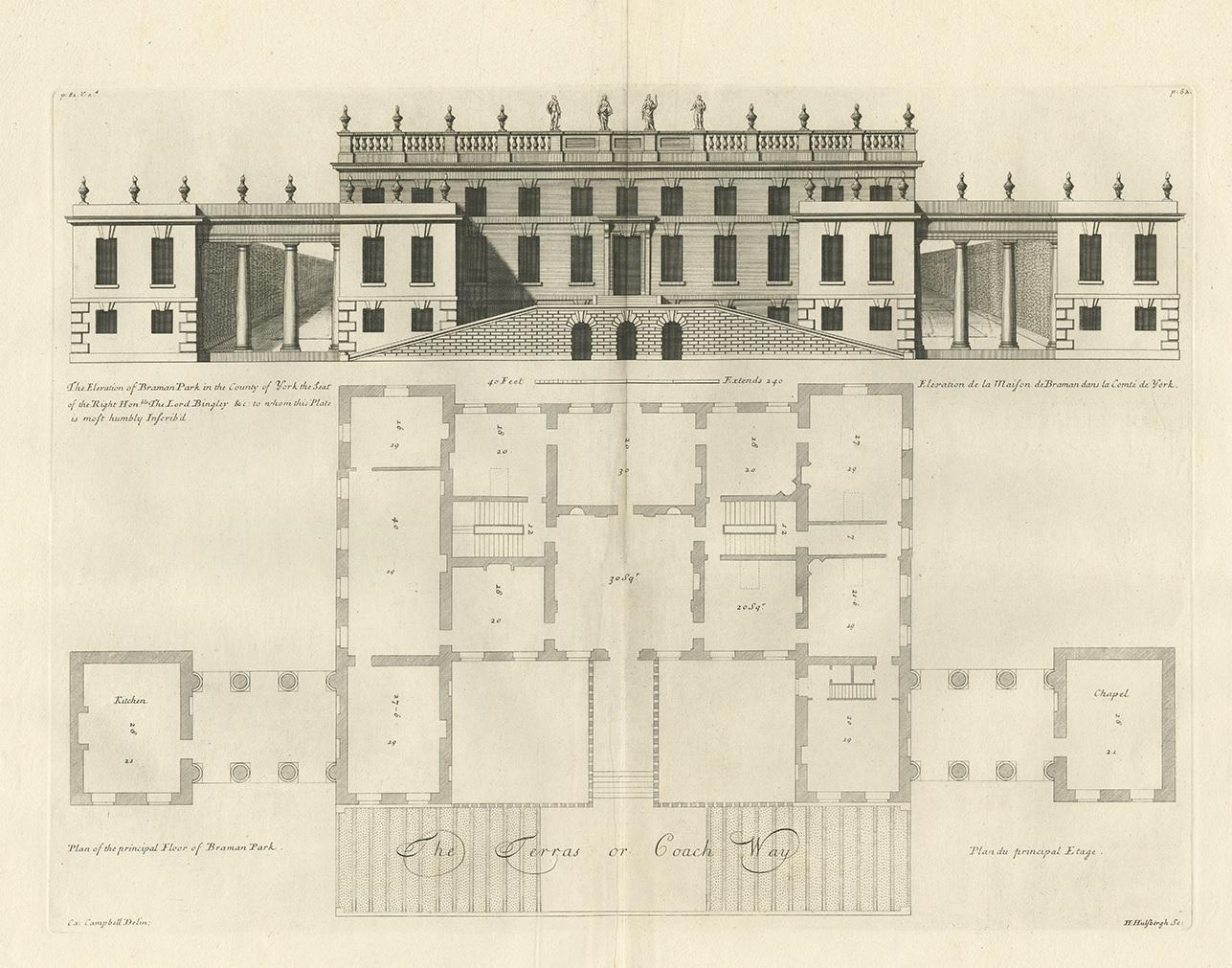 Antique print titled 'The Elevation of Braman Park (..)'. Old engraving of Bramham Park in Bramham. This print originates from 'Vitruvius Britannicus' by Colen Campbell. Colen Campbell's Vitruvius Britannicus is considered one of the greatest