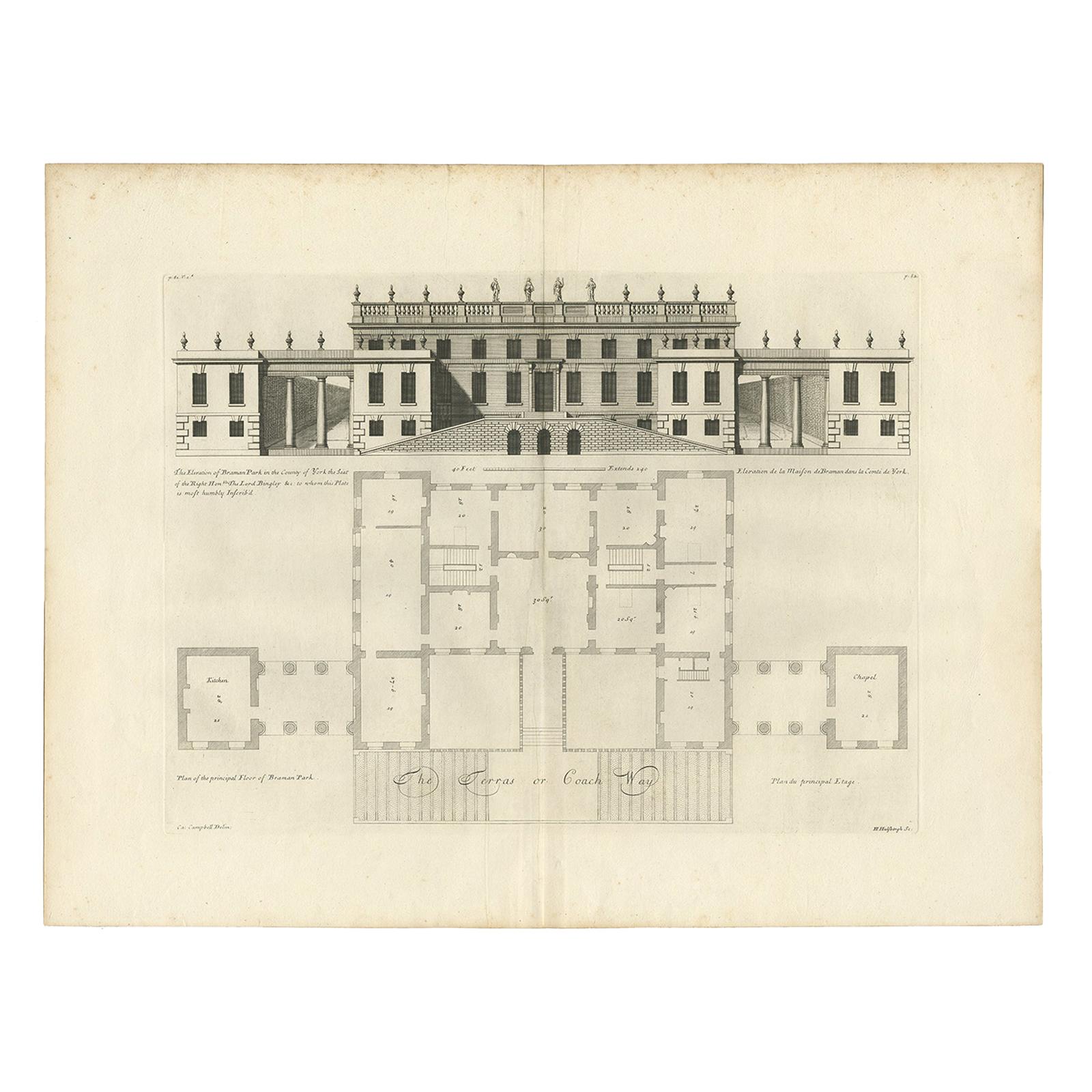 Antique Print of Bramham Park by Campbell, 1725