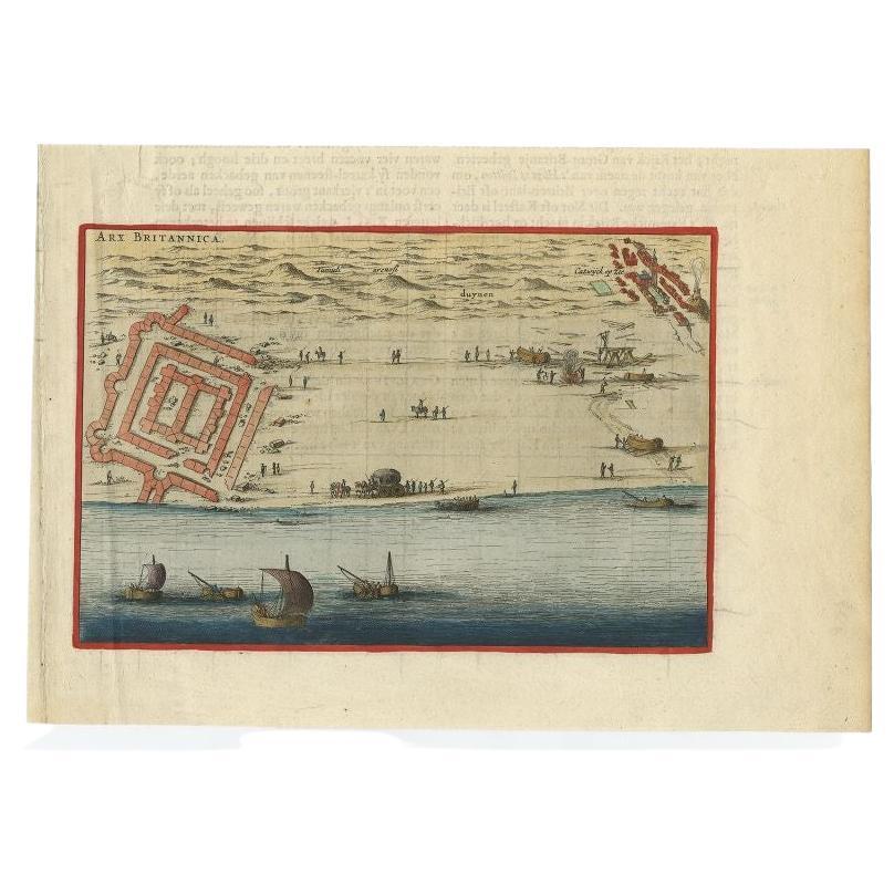 Antique print titled 'Arx Britannica'. View of De Brittenburg, a Roman ruin on the Dutch coast near Katwijk, The Netherlands. Originates from 'Toneel der Steeden' published by Joan Blaeu 1649.

Artists and Engravers: Joan Blaeu (23 September 1596