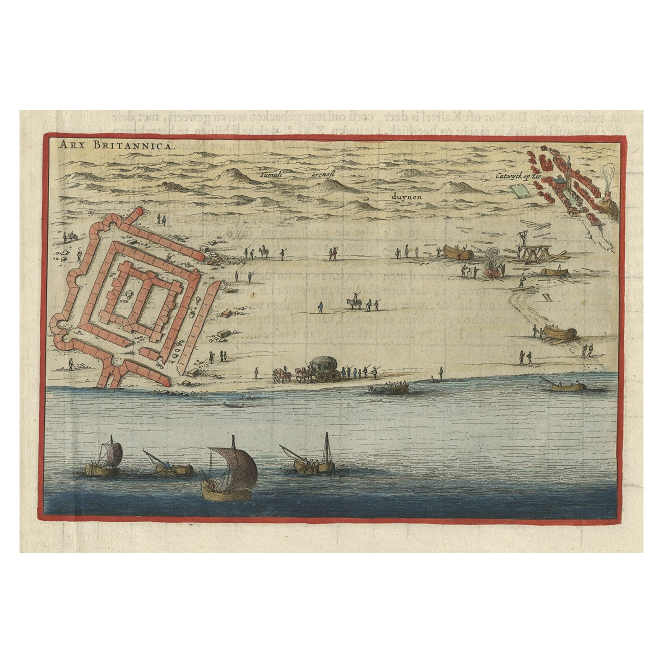 Impression ancienne de Brittenburg « Près de Katwijk » aux Pays-Bas par Blaeu, 1649
