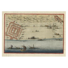 Impression ancienne de Brittenburg « Près de Katwijk » aux Pays-Bas par Blaeu, 1649