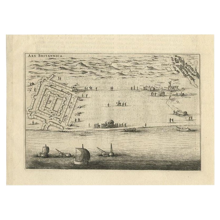 Impression ancienne de Brittenburg « Près de Katwijk », aux Pays-Bas, par Blaeu, « 1649 »