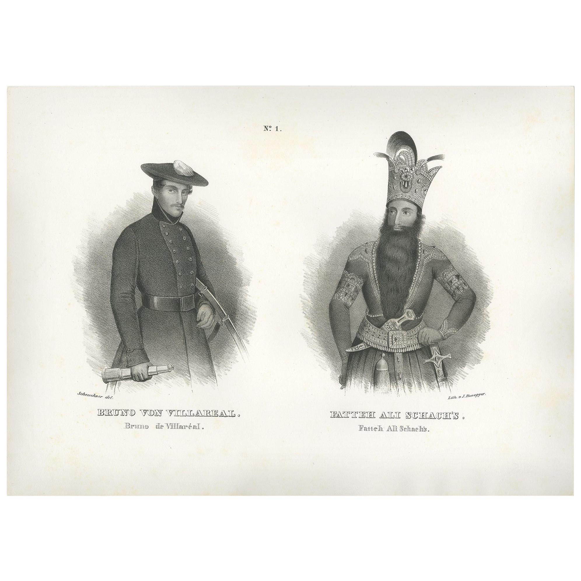 Antiker antiker Druck von Bruno von Villarreal und Fath Ali Shah von Honegger (1845)