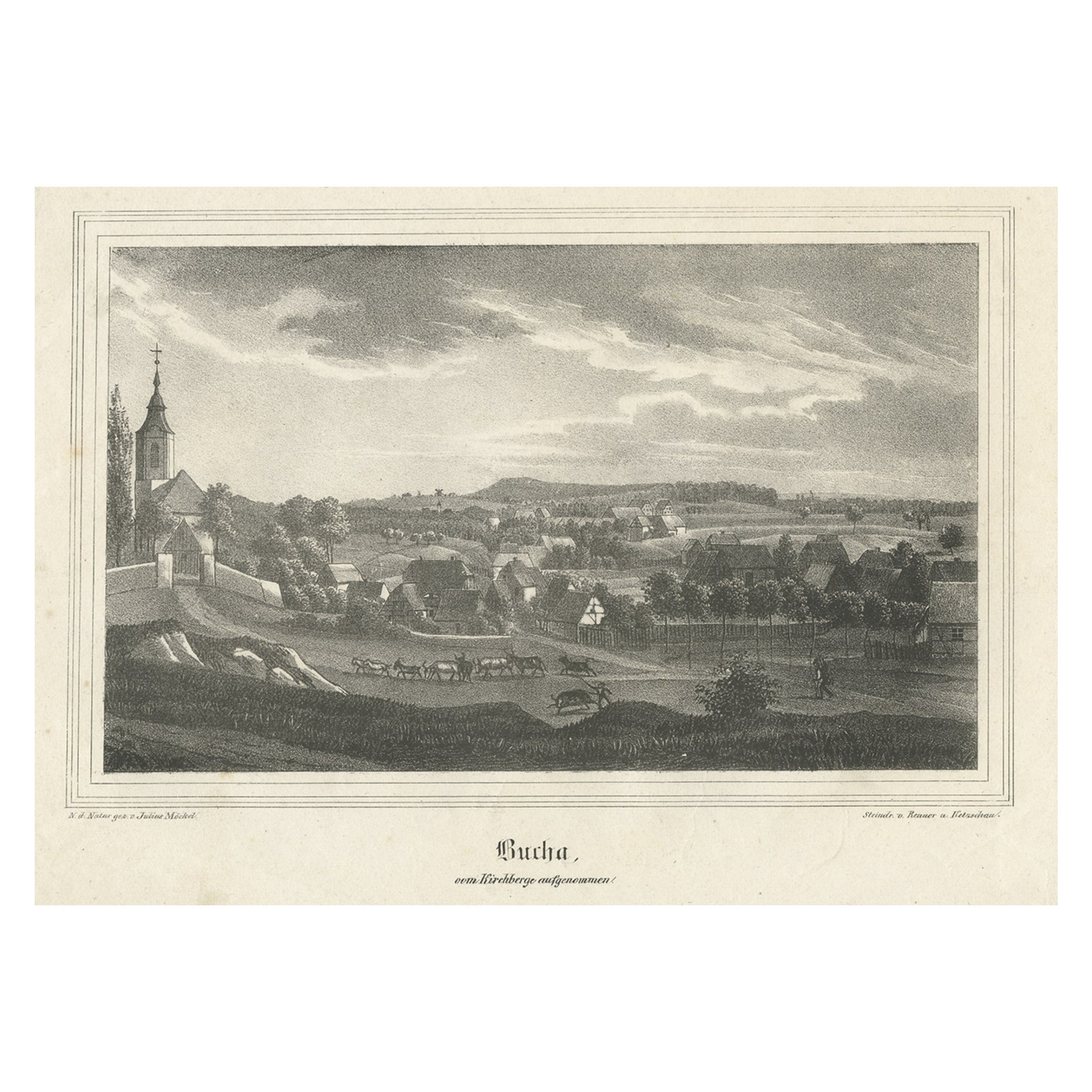 Stampa antica di Bucha in Germania, 1840 ca.