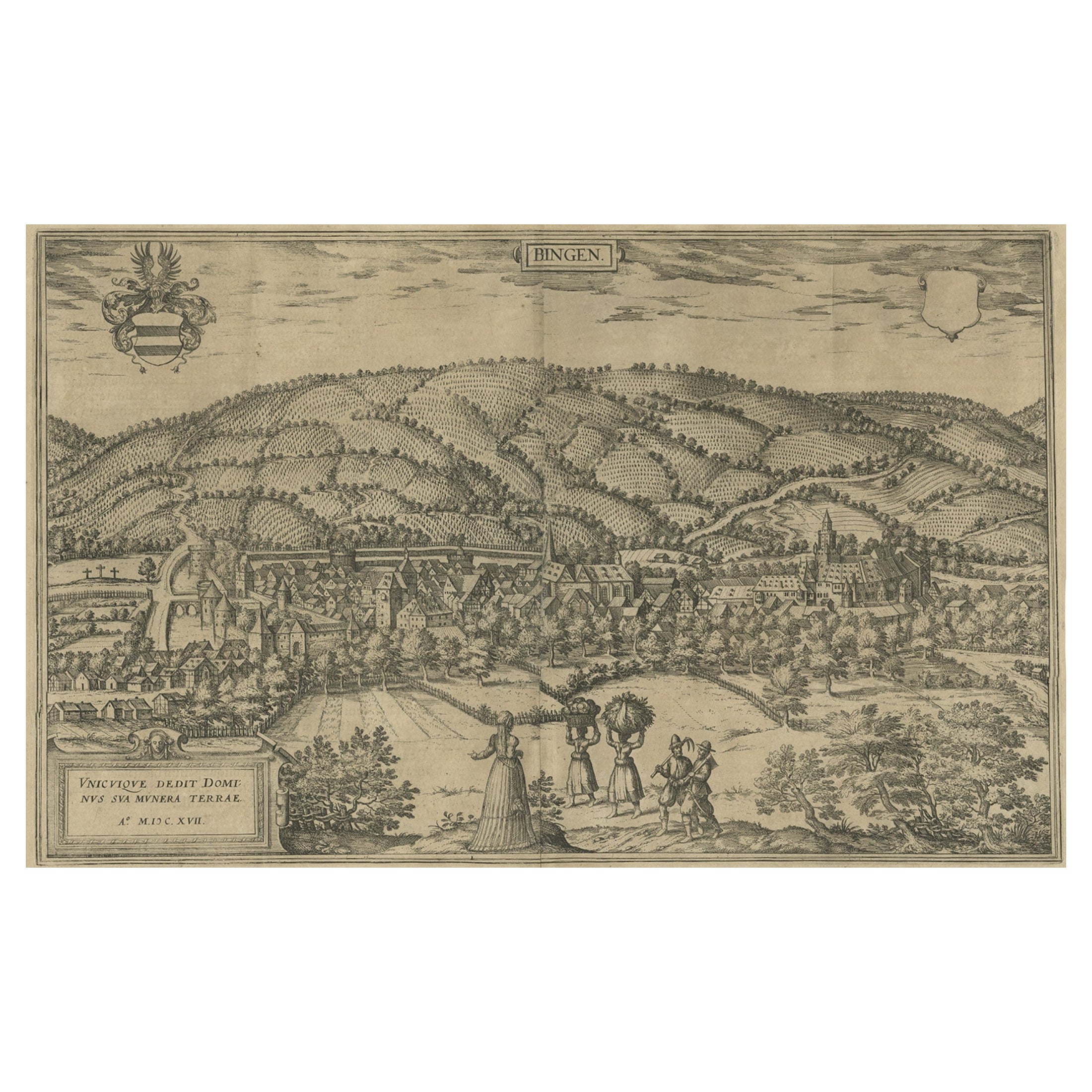 Gravure ancienne de Büdingenin Allemagne par Braun & Hogenberg, 1617