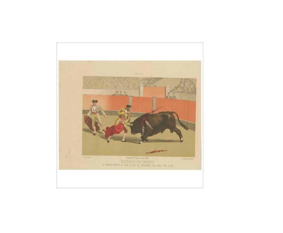 Antique print titled 'Estocada Recibiendo, Le Taureau recoit le coup d'Epée; receiving the bull the stub'. From 