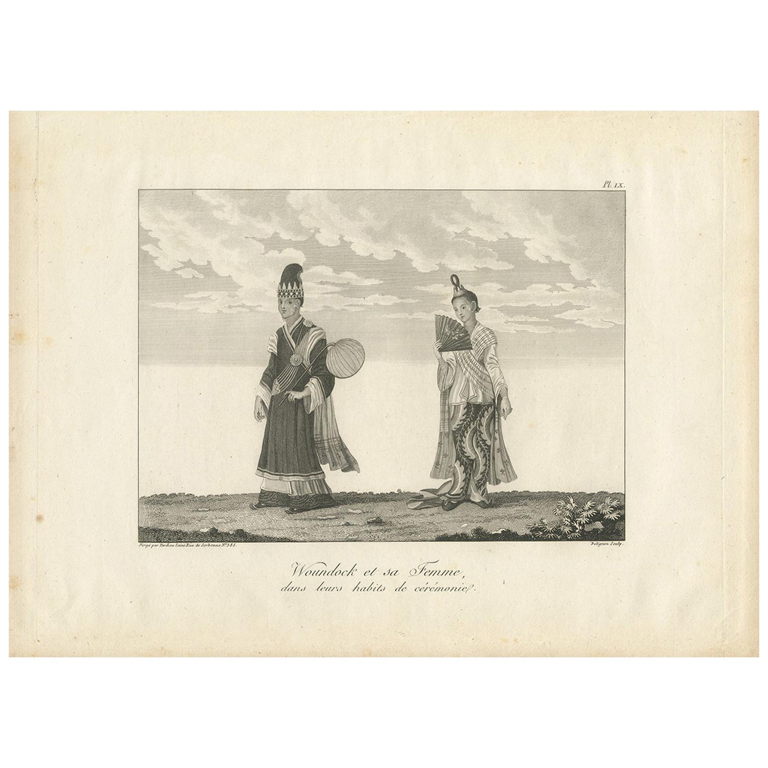 Impression ancienne de costumes birmanes par Symes, 1800