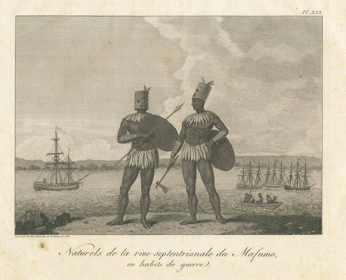Antique Print of Burmese Natives in War Costume of old Burma (1800)