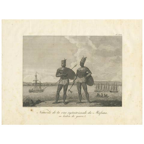 Antique Print of Burmese Natives in War Costume of old Burma (1800)