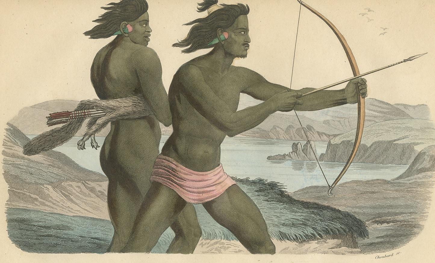 Antique print titled 'Indigènes du Port de San Francisco'. Lithograph of California Indians.The indigenous peoples of California (known as Native Californians) are the indigenous inhabitants who have lived or currently live in the geographic area