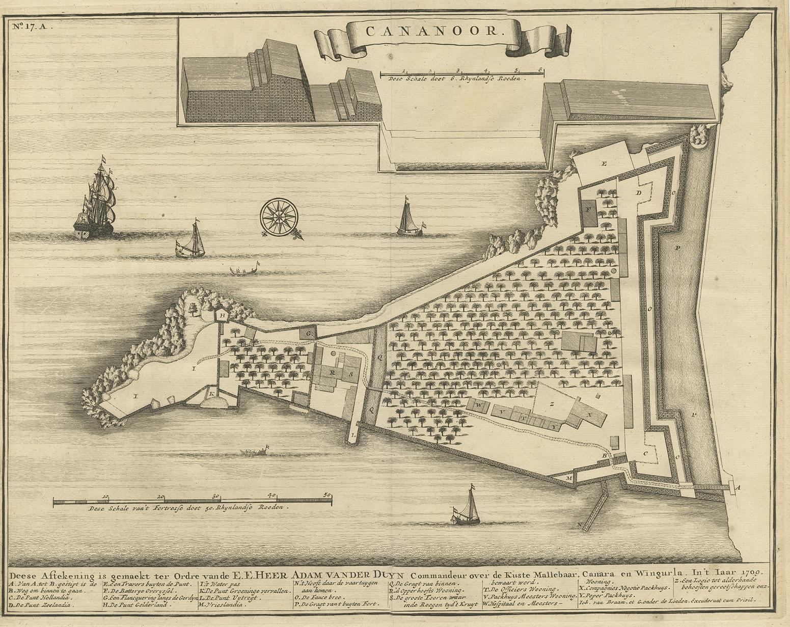 Antique print titled 'Cananoor'. Map of Cananoor, commissioned by Adam van der Duyn, Commodore of Malabar, Canara and Wingurla. This print originates from 'Oud en Nieuw Oost-Indiën' by F. Valentijn.
