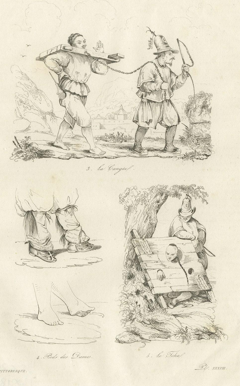Papier Impression ancienne de la punition de la cangue ou du Tcha en Chine, 1834 en vente