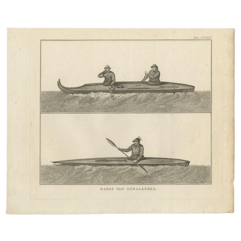 Antique Print of Canoes of Unalaska by Cook, 1803 For Sale