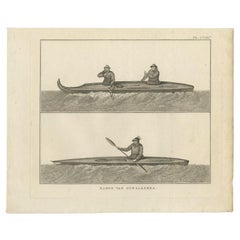 Antiker Druck von Kanuen von Unalaska von Cook, 1803