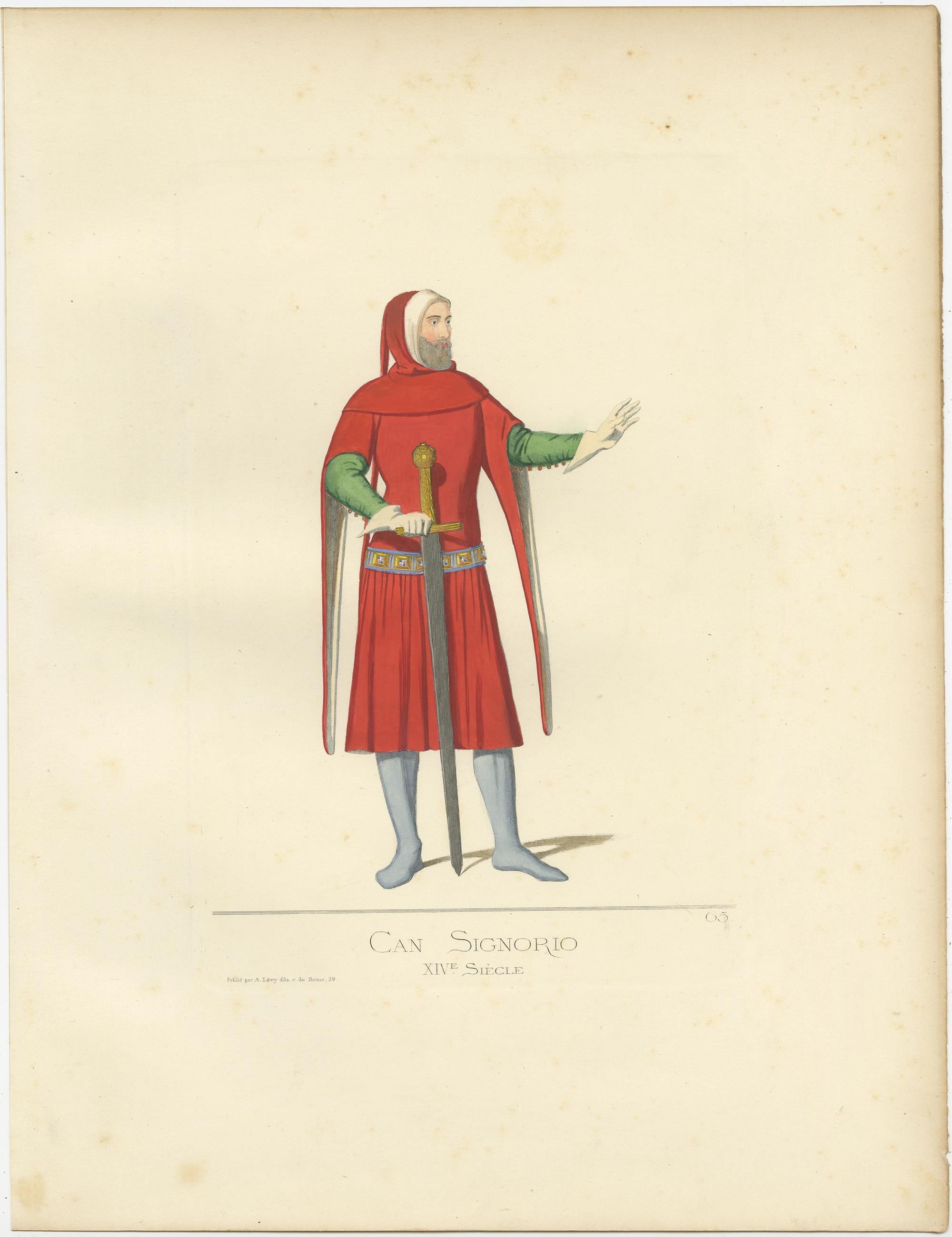 Antique print titled ‘Can Signorio, XIVe Siecle.’ Original antique print of Cansignorio Della Scala, a Lord of Verona, Italy, 14th century. This print originates from 'Costumes historiques de femmes du XIII, XIV et XV siècle' by C. Bonnard.