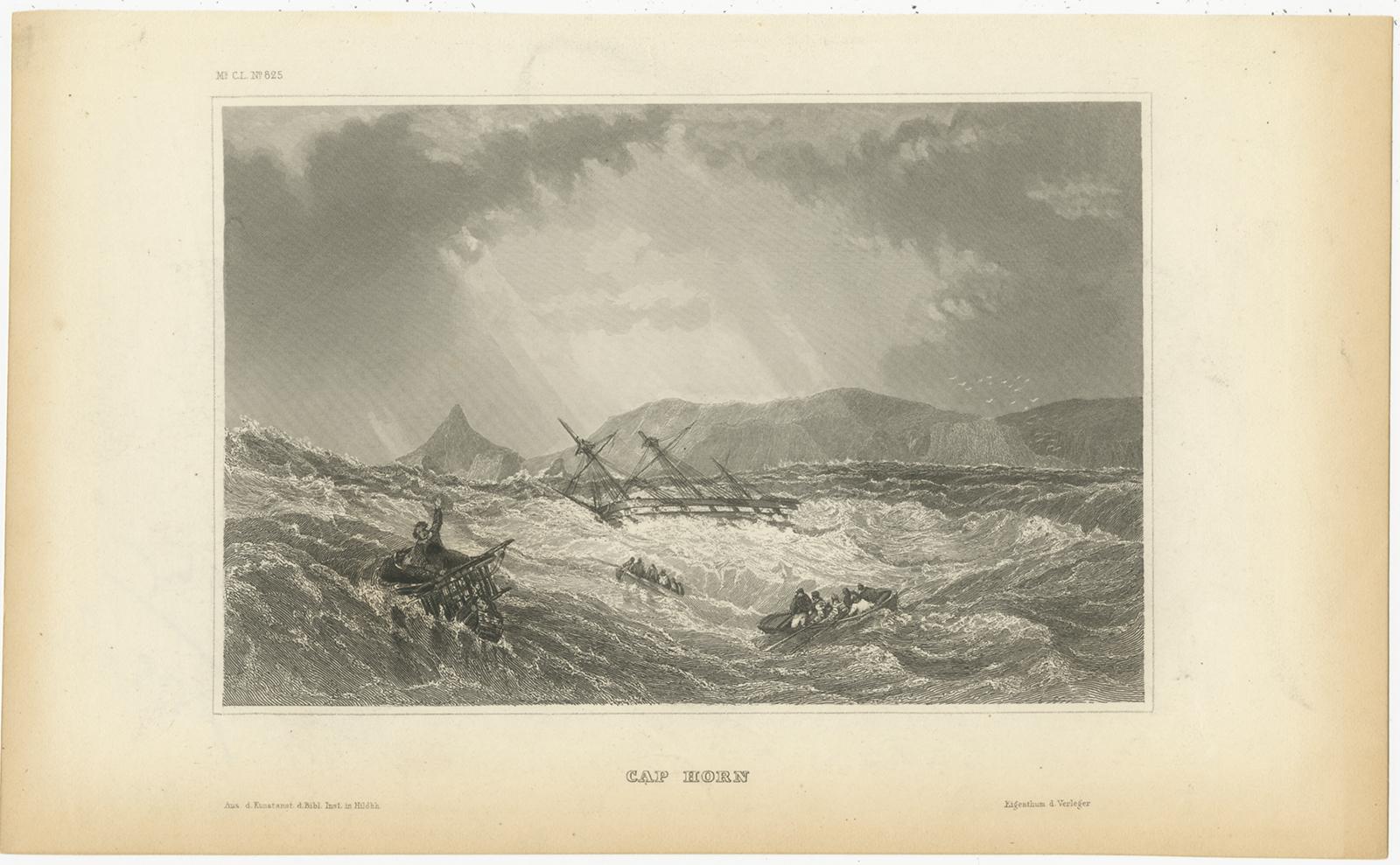 Antique print titled 'Cap Horn'. View of Cape Horn, the southernmost headland of the Tierra del Fuego archipelago of southern Chile, located on the small Hornos Island. Originates from 'Meyers Universum'. Published circa 1850.

Joseph Meyer (May
