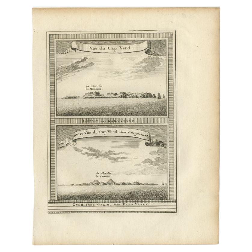 Antique print titled 'Gezigt van Kabo Verde' and 'Zydelings Gezigt van Kabo Verde'. Old print of Cabo Verde with a double view of the island coast. Engraved by J. van Schley for a Dutch edition of 'l'Histoire Generale des Voyages', by Antoine