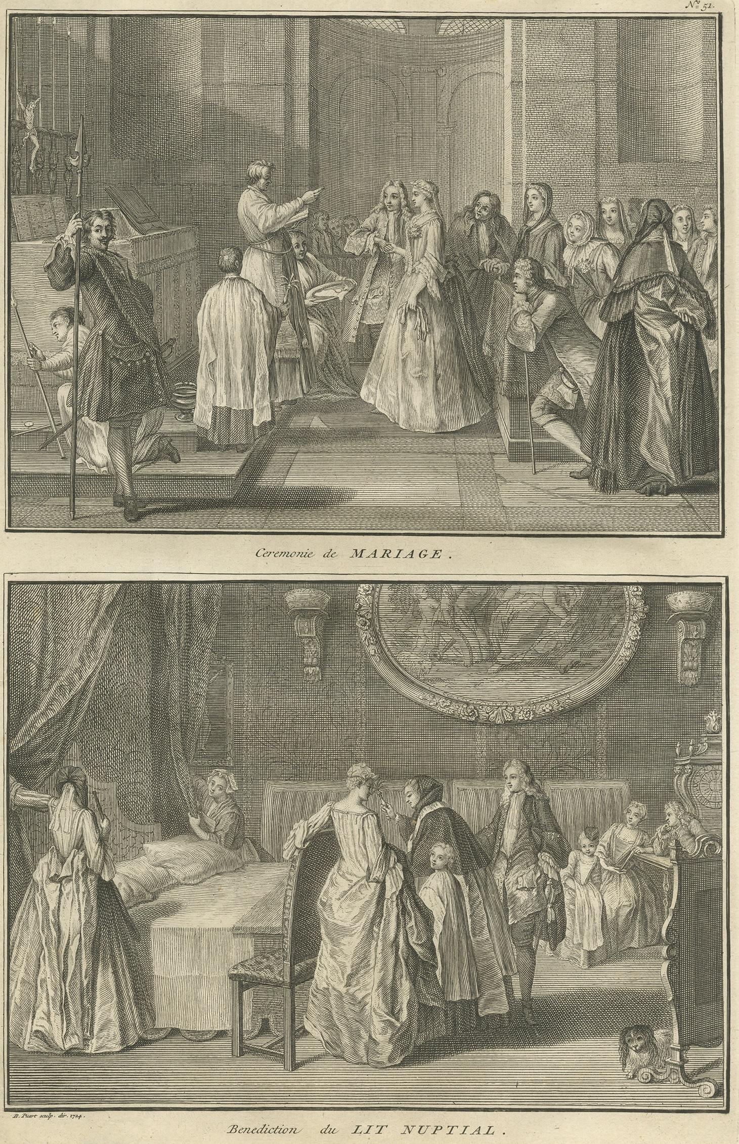 Due immagini su un foglio intitolate 'Ceremonie de Mariage' e 'Benediciton du Lit Nuptial'. Stampa antica di una cerimonia di matrimonio e di una benedizione nuziale di cattolici. Proviene da 