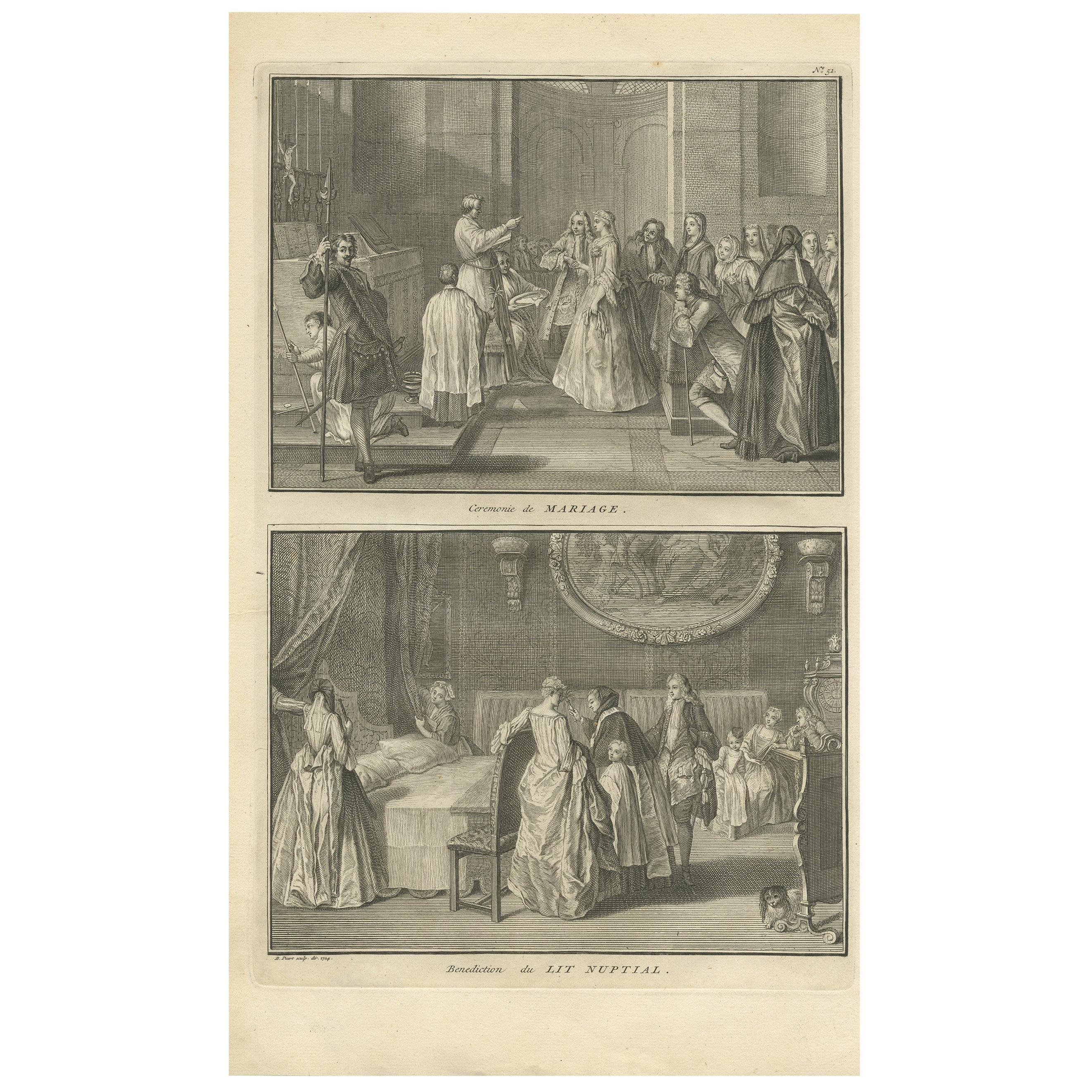 Antique Print of Catholic Ceremonies ‘Marriage & Nuptiual Benediction’ by Picart For Sale