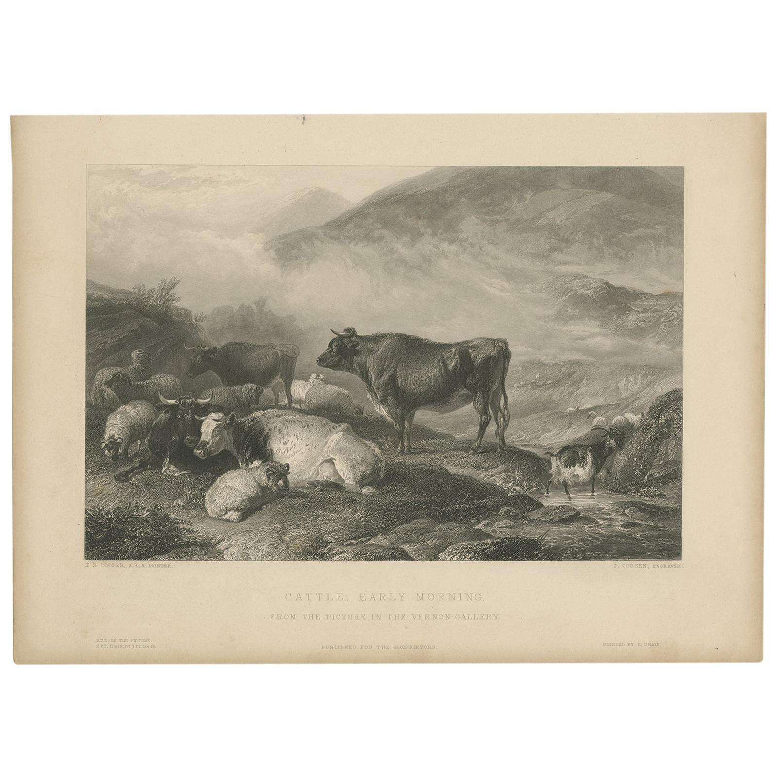 Antique Print of Cattle in the Morning by Brandard 'c.1850' For Sale